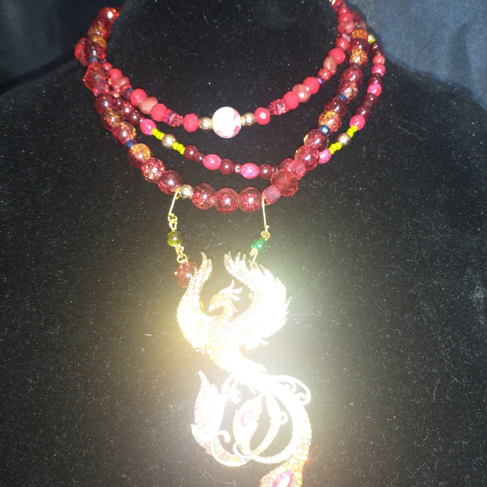 Elegant Red Beaded Necklace with Phoenix Pendant